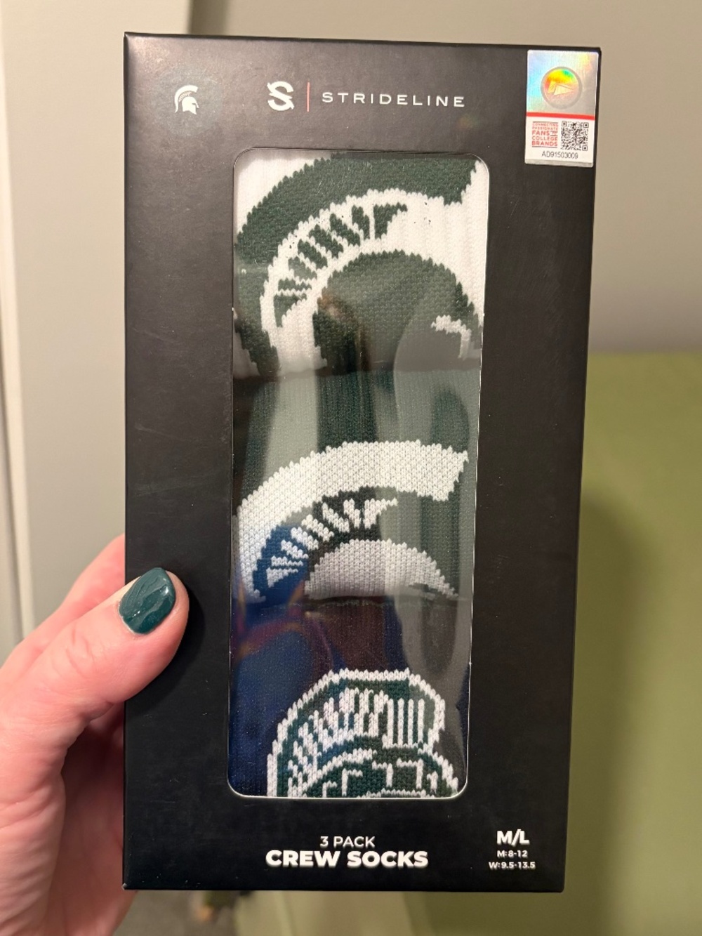NWT Strideline Michigan State Spartans 3-Pack Crew Socks Boxed Size M/L MSU NCAA